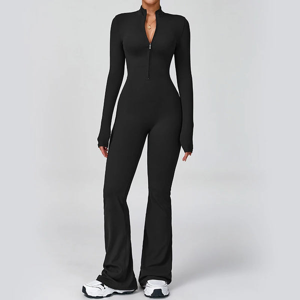 Joana Spring BestSeller  Women Long Sleeve Flare Workout Jumpsuit Zip Up Pants Wide Leg Full Length Bodysuit Bodycon One Piece