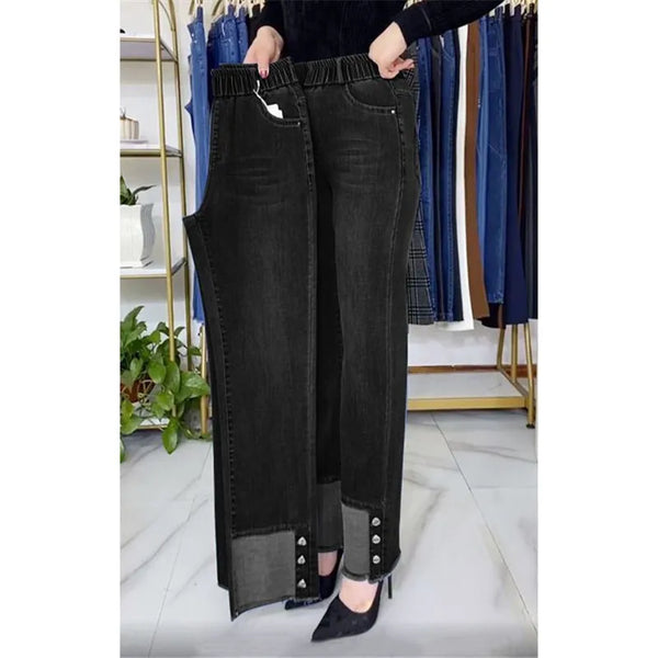 BestSelling Women’s Two‑Tone Elastic Waist Denim Joggers with Button Cuff Detail