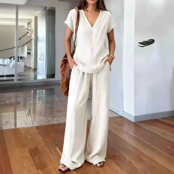 V-neck Short Sleeved Solid Color T-shirt Pullover Top With Pockets High Waist Wide Leg Pants Two-piece Set Women's Commuting Set