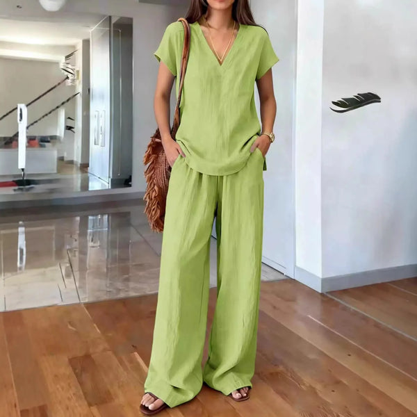 V-neck Short Sleeved Solid Color T-shirt Pullover Top With Pockets High Waist Wide Leg Pants Two-piece Set Women's Commuting Set