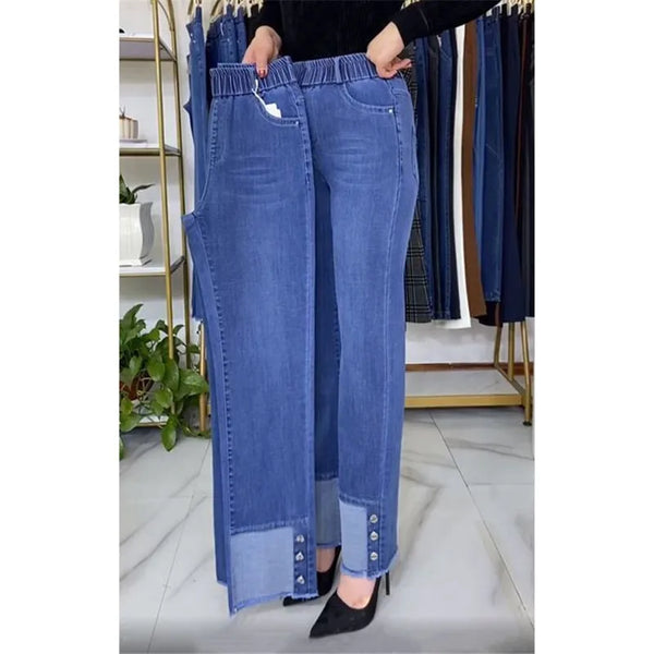 BestSelling Women’s Two‑Tone Elastic Waist Denim Joggers with Button Cuff Detail