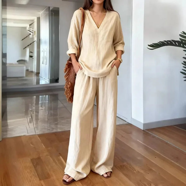 Women's V-Neck 3/4 Sleeve Cotton Linen Two Piece Outfit Casual Loose Wide Leg Pants Set