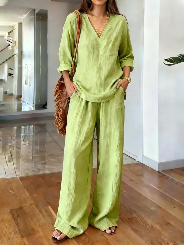 Women's V-Neck 3/4 Sleeve Cotton Linen Two Piece Outfit Casual Loose Wide Leg Pants Set