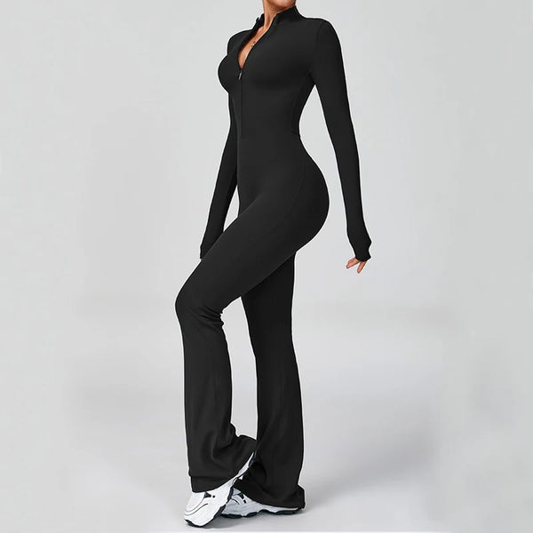 Joana Spring BestSeller  Women Long Sleeve Flare Workout Jumpsuit Zip Up Pants Wide Leg Full Length Bodysuit Bodycon One Piece